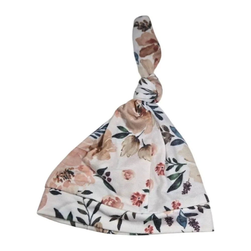 Macy's Copper Pearl Baby Top Knot Hat Floral Knotted Infant NB-4M Girls Beanie